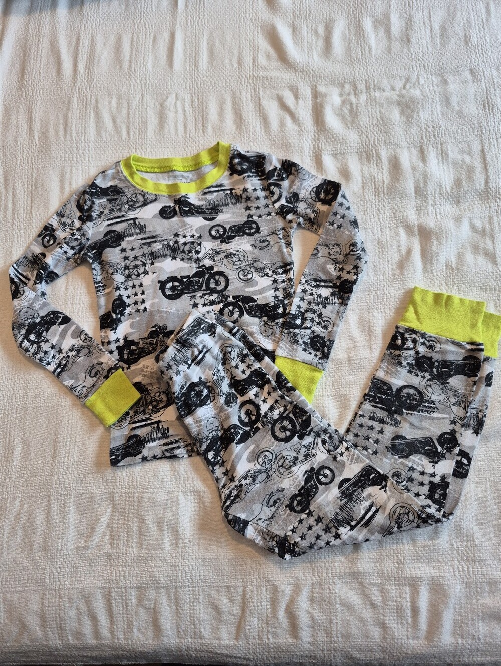 Place boys size 7 motorcycle pajama set black gray white multi design VGUC